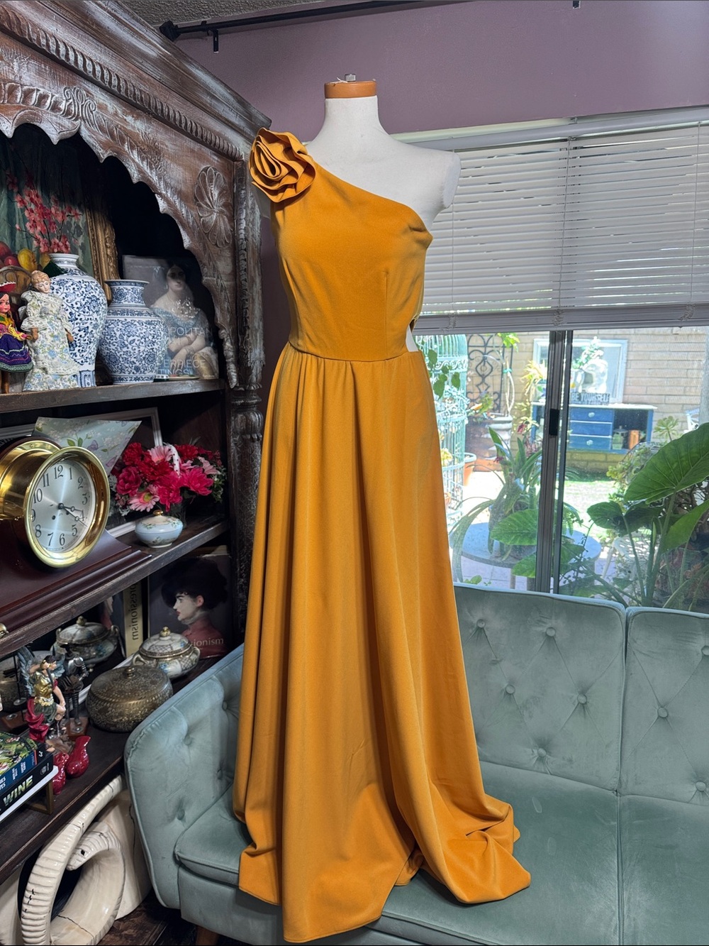 Mustard One-Shoulder Gown with Rosette